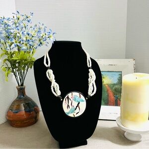 Vintage Bird Inlaid Shell Pendant on Twisted Puka & Shell Chips Strands Necklace